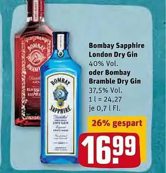 REWE Bombay Sapphire London Dry Gin Oder Bombay Bramble Dry Gin Angebot