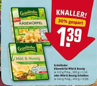 REWE Grünländer Käsewürfel Mild & Nussig Oder Mild & Nussig Scheiben Angebot