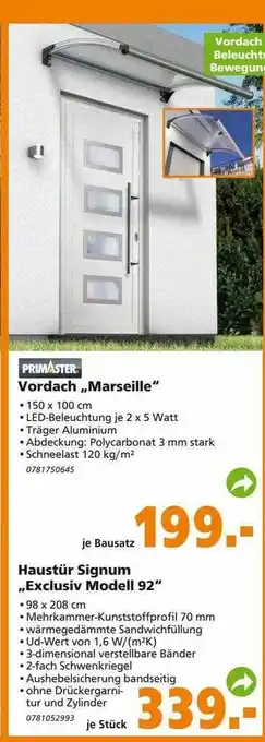 Globus Baumarkt Primaster Vordach „marseille“ Oder Haustür Signum „exclusiv Modell 92“ Angebot