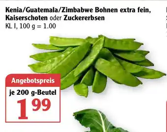 Globus Kenia/Guatemala/Zimbabwe Bohnen extra fein, Kaiserschoten oder Zuckererbsen 200g Beutel Angebot