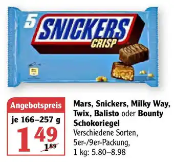 Globus Mars, Snickers, Milky Way, Twix, Balisto oder Bounty Schokoriegel 166-257g Angebot