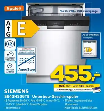 Euronics Siemens SE43HS36TE Unterbau Geschirrspüler Angebot