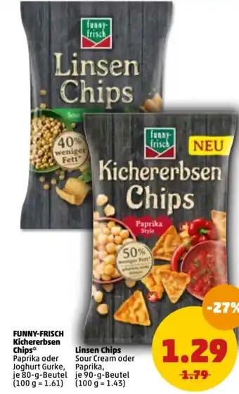 PENNY Funny Frisch Kichererbsen chips 80 g Beutel oder Linsen Chips 90 g Beutel Angebot