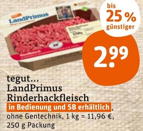 Tegut LandPrimus Rinderhackfleisch 250g Packung Angebot bei tegut