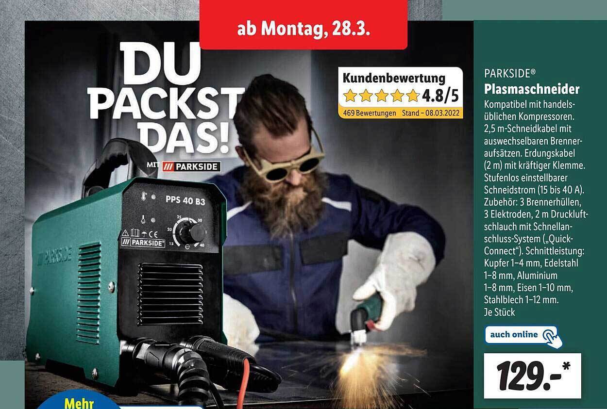 Stahl Alu Kupfer PARKSIDE PPS 40 B3 Plasmaschneider – 40 A, 230 V, Schnittleistung 12 Mm, Pilotzündung, Inkl. Zubehör Für Stahl, Alu & Kupfer
