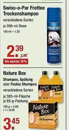 V Markt Swiss-o-Par Frottee Trockenshampoo Oder Nature Box Shampoo, Spülung Oder Festes Shampoo Angebot