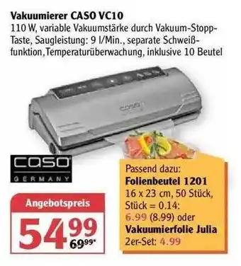 Globus Vakuumierer Caso Vc10, Folienbeutel 1201, Vakuumierfolie Julia Angebot