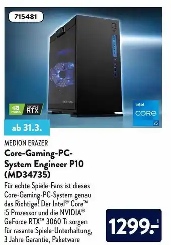 Aldi Nord Medion Erazer Core-gaming-pc System Engineer P10 Md34735 Angebot