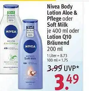 Rossmann Nivea Body Lotion Aloe & Pflege Oder Soft Milk Oder Lotion Q10 Bräunend Angebot