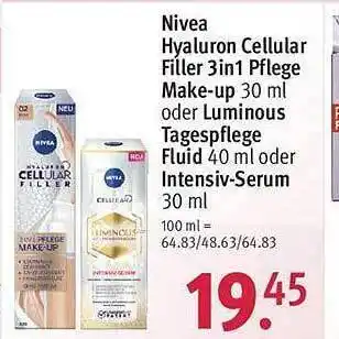 Rossmann Nivea Hyaluron Cellular Filler 3in1 Pflege Make Up Oder Luminous Tagespflege Fluid 40ml Oder Intensiv-serum 30 Ml Angebot