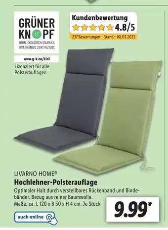 Lidl Livarno home Hochlehner-Polsterauflage L120xB50xH4 cm Angebot