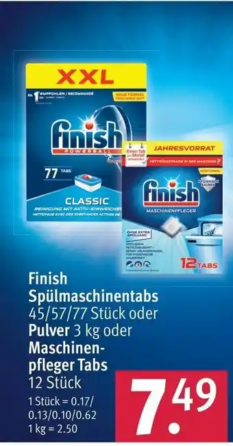 Rossmann Finish Spülmaschinentabs 45/57/77 Stück oder Pulver 3 kg oder Maschinenpfleger Tabs 12 Stück Angebot