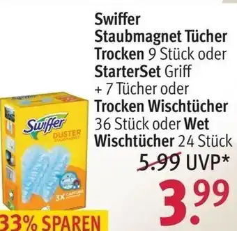 Rossmann Swiffer Staubmagnet Tücher Trocken oder Starter Set oder Trocken Wischtücher oder Wet Wischtücher Angebot