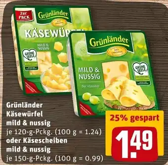 REWE Grünländer Käsewürfel mild & nussig 120 g oder Käsescheiben mild & nussig 150 g Angebot