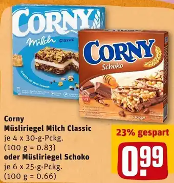 REWE Corny Müsliriegel Milch Classic 4 x30 g oder Müsliriegel Schoko 6 x 25 g Angebot