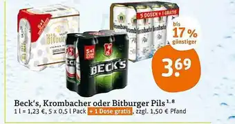 tegut Beck's, Krombacher Oder Bitburger Pils 5x0,5L Angebot