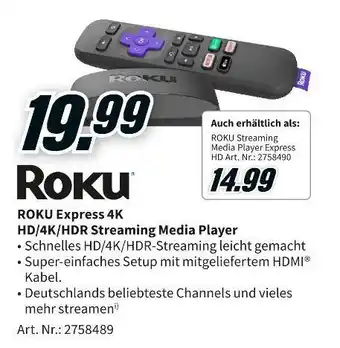 MediaMarkt Roku express 4k hd/4k/hdr streaming media player Angebot