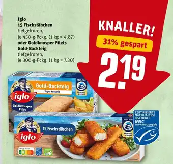 REWE Iglo 15 fischstäbchen oder goldknusper filets gold-backteig Angebot