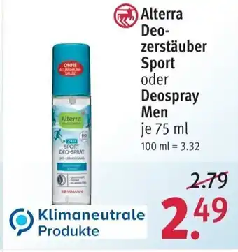 Rossmann Alterra Deozerstauber Sport o. Deospray Men 75ml Angebot