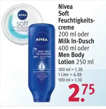 Rossmann Nivea Soft Feuchtigkeitscreme 200ml Milk In-Dusch 400ml Men Body Lotion 250ml Angebot