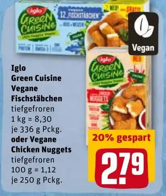 REWE Iglo Green Cuisine Vegane Fischstäbchen 336g oder Vegane Chicken Nuggets 250g Pckg. Angebot