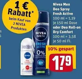 REWE Kaufpark Nivea Men Deo Spray Fresh Active Oder Deo Roll-on Dry Comfort Angebot