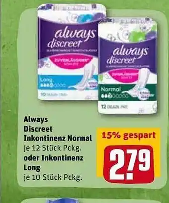 REWE Kaufpark Always Discreet Inkontinenz Normal Oder Inkontinenz Long Angebot