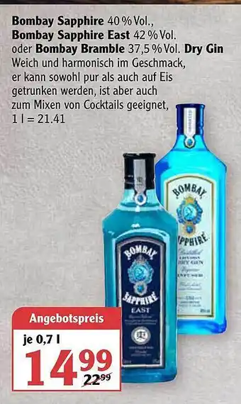 Globus Bombay Sapphire, Bombay Sapphire East Oder Bombay Bramble Dry Gin Angebot