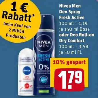 REWE Nivea Men Deo Spray Fresh Active 150ml oder Deo Roll on Dry Comfort 50ml Angebot