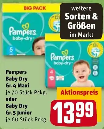 REWE Pampers Baby Dry Gr.4 Maxi 70 Stück oder Baby Dry Gr.5 Junior 60 Stück Angebot