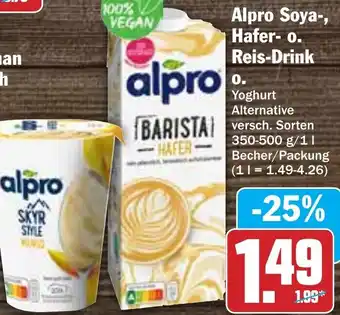 Hit Alpro Soya, Hafer o. Reis Drink 350-500g/1L Becher/Packung Angebot