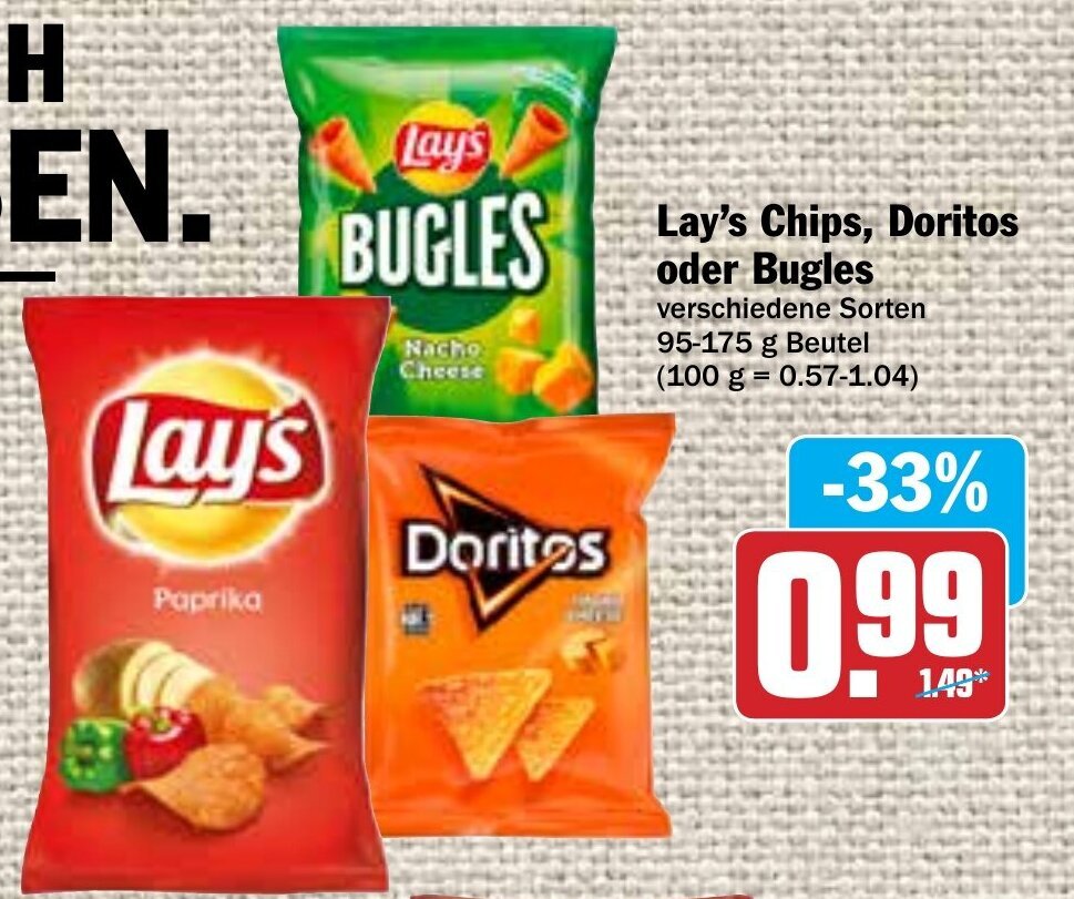 Lay's Chips, Doritos oder Bugles 95175g Beutel Angebot bei Hit