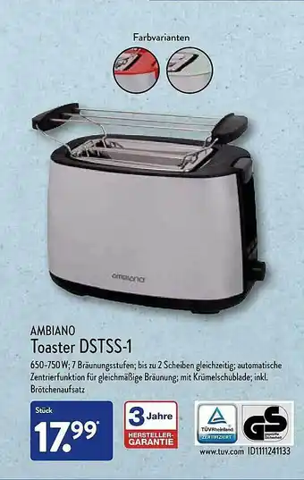 Aldi Nord Ambiano Toaster Dstss-1 Angebot