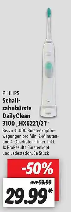 Lidl Philips Schall-zahnbürste Dailyclean 3100 „hx6221 21” Angebot