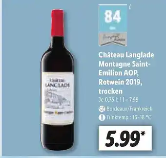 Lidl Château Langlade Montagne Saint-emilion Aop Rotwein 2019 Trocken Angebot