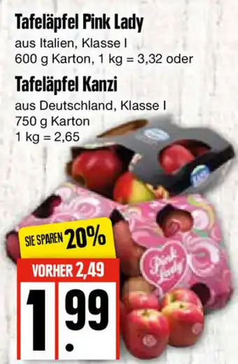 Edeka Tafeläpfel Pink Lady 600g Karton oder Kanzi 750g Karton Angebot