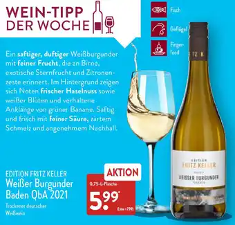 Aldi Nord Edition Fritz Keller Weißer Burgunder Baden QbA 2021 Angebot