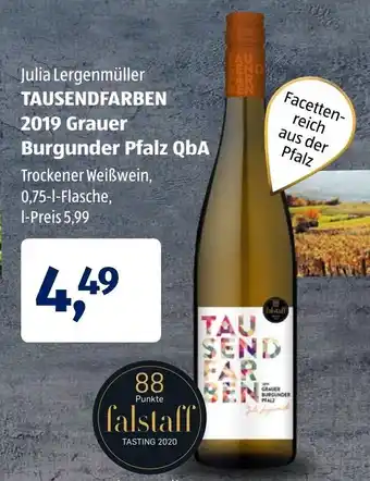 Aldi Süd Tausendfarben 2019 Grauer Burgunder Pfalz QbA 0,75 L Angebot