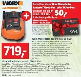 Bauhaus Worx mähroboter 'landroid m500 plus' oder worx mähroboter'landroid m700 plus' Angebot