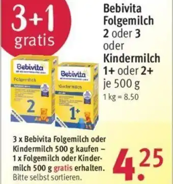 Rossmann Bebivita Folgemilch 2 oder 3 oder Kindermilch 1+ oder 2+ 500g Angebot