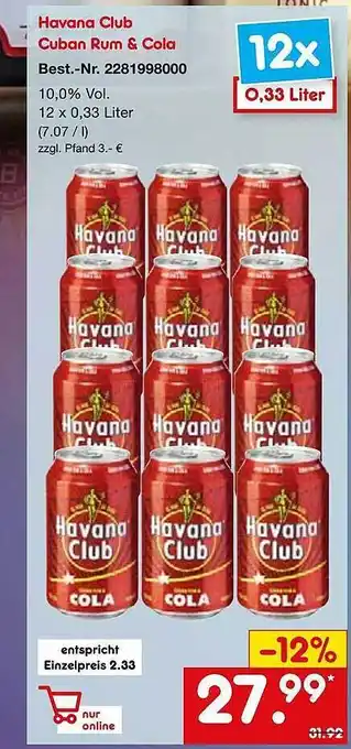 Netto Marken-Discount Havana Club Cuban Rum & Cola Angebot