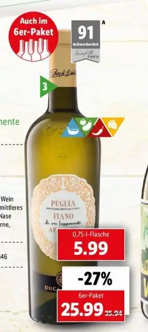 Lidl Duca di Sasseta Fiano da uve leggermente Appassite Puglia IGT Angebot