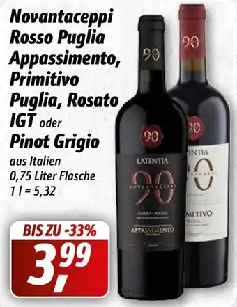 Simmel Novantaceppi Rosso Puglia Appassimento, Primitivo Puglia, Rosato IGT oder Pinot Grigio 0,75L Flasche Angebot