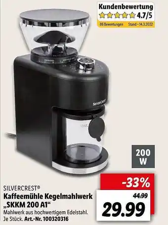 Lidl Silvercrest Kaffeemühle Kegelmahlwerk „skkm 200 A1” Angebot