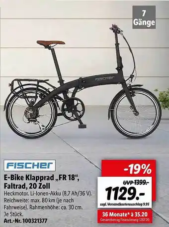 Lidl Fischer E-bike Klapprad „fr 18“ Faltrad 20 Zoll Angebot