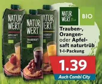 Combi Trauben, Orangen oder Apfelsaft naturtrüb 1L Packung Angebot