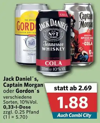 Combi Jack Daniel's, Captain Morgan oder Gordon's 0,33L Dose Angebot