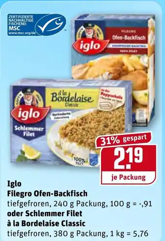 REWE Iglo Filegro Ofen Backfisch 240g oder Schlemmer Filet à la Bordelaise Classic 380g Angebot