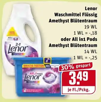 REWE Lenor Waschmittel Flüssig Amethyst Blütentraum oder All in1 Pods Amethyst Blütentraum Angebot