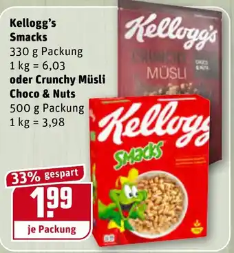 REWE Kellogg's Smacks 330g oder Cruncy Müsli Choco & Nuts 500g Angebot